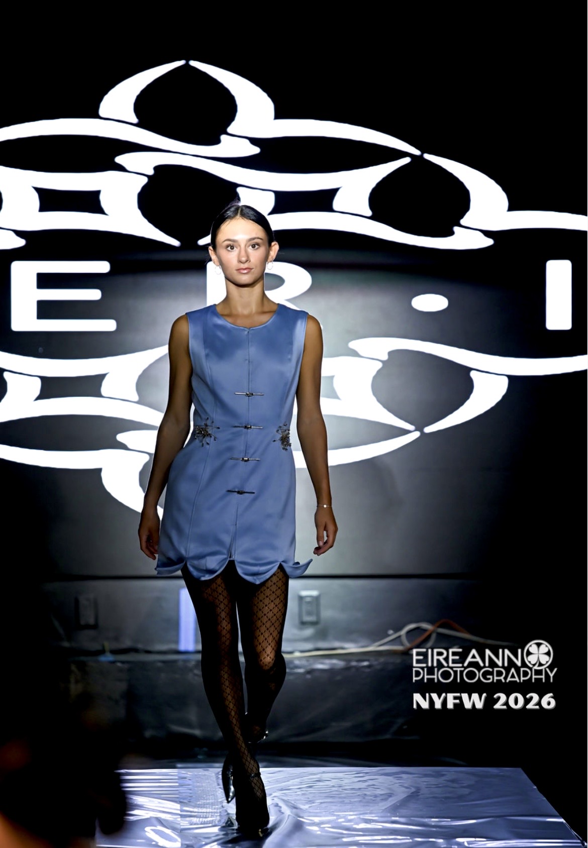 Ava Ziegler walking in a blue look at New York Fashion Week 2026